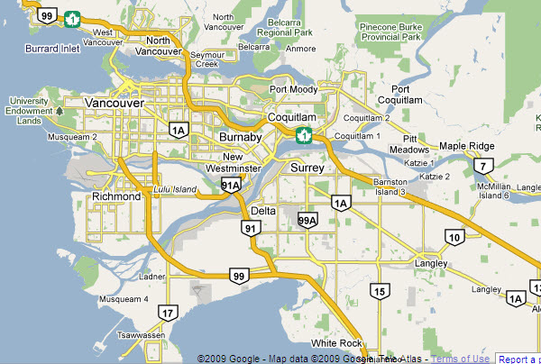 Map of Vancouver and Vancouver areas. Google Maps™ mapping service